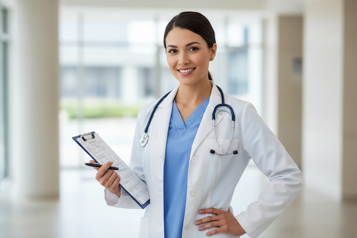 medical provider with a stethoscope around her neck and a clipboard and pen in her hand